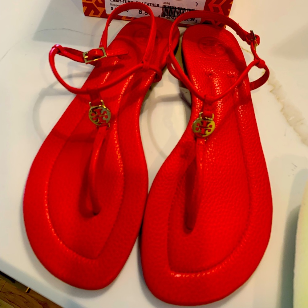 Tory Burch Red T-Strap Logo Pebbled Leather Sandals with Gold Accents
